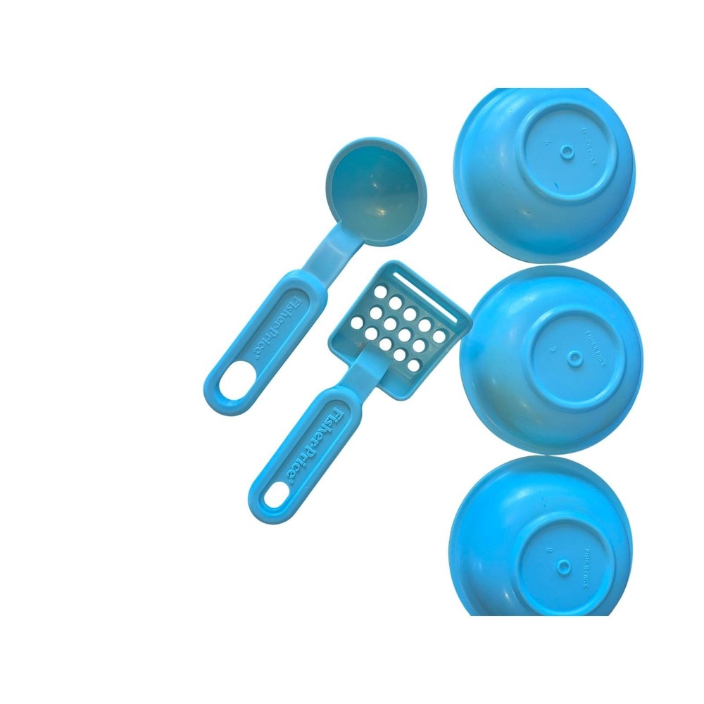 Vintage 1994 Fisher Price Blue‎ Play Kitchen Set 3 Bowls Ladle Slotted Masher